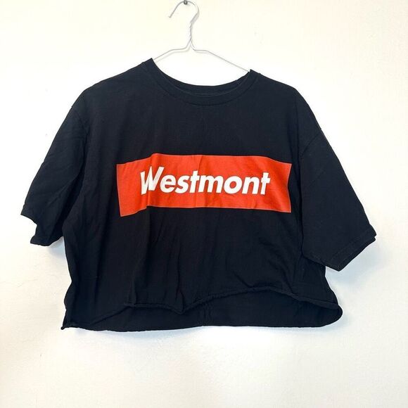 Westmont Crew Neck Short Sleeve Cotton Black Red Cropped T-Shirt Size Large - Picture 1 of 3
